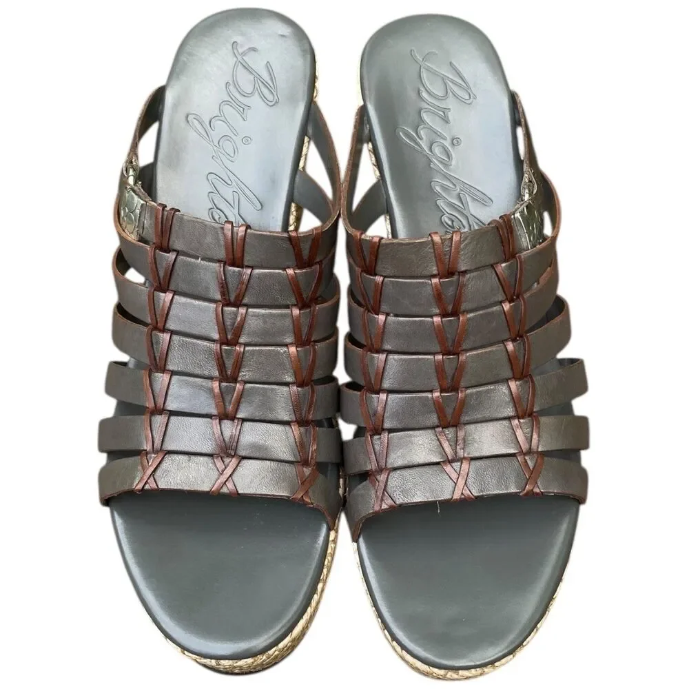 Brighton Denali Wedge Slide Sandal Women’s Size 8 Gray Brown Strappy Leather